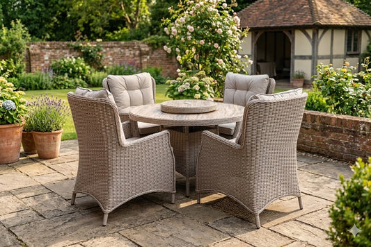 Luxury 4-Seater Round Rattan Garden Dining Set with Lazy Susan & Premium Cushions