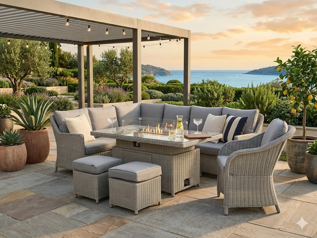 Luxury Rattan Corner Sofa Dining Set with Integrated Gas Fire Pit Table & Stools