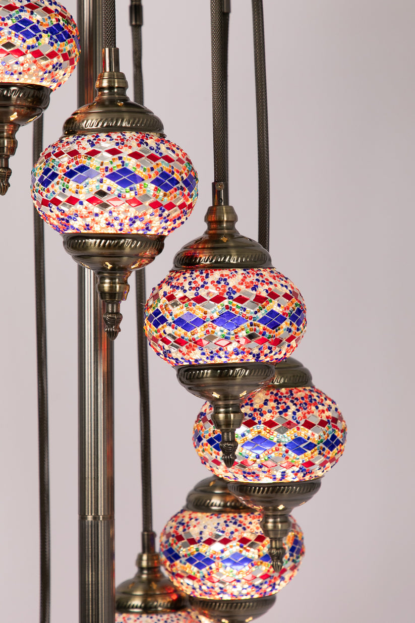 9 Globe Moroccan Floor Standing Lamp (Red/Blue Waves)