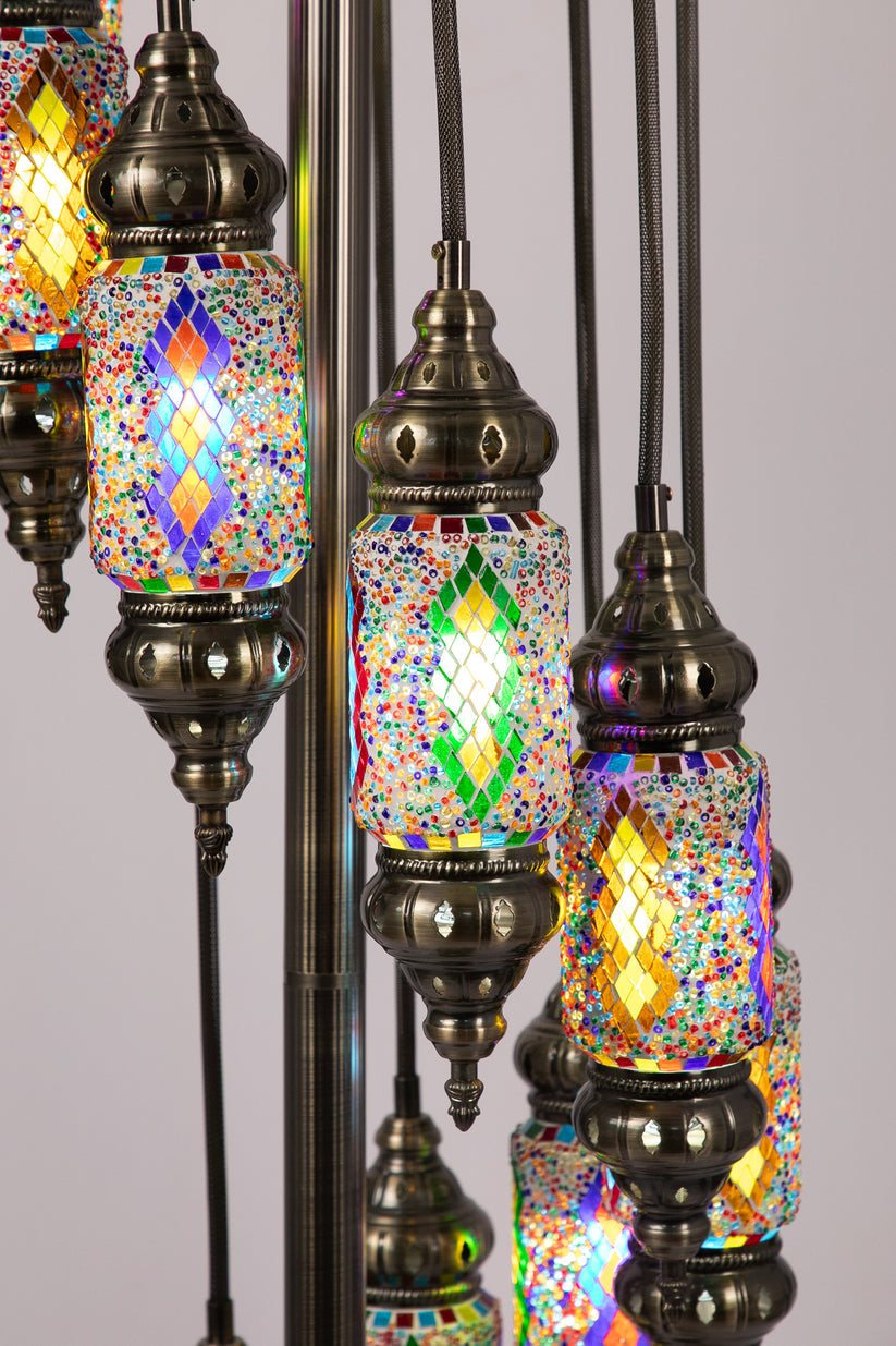 9 Lantern Moroccan Floor Lamp (Multicoloured Diamonds 2)