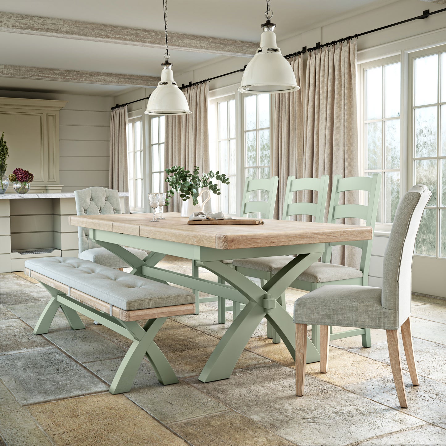 Salcombe Cross Leg Ext. Dining Table - Sage