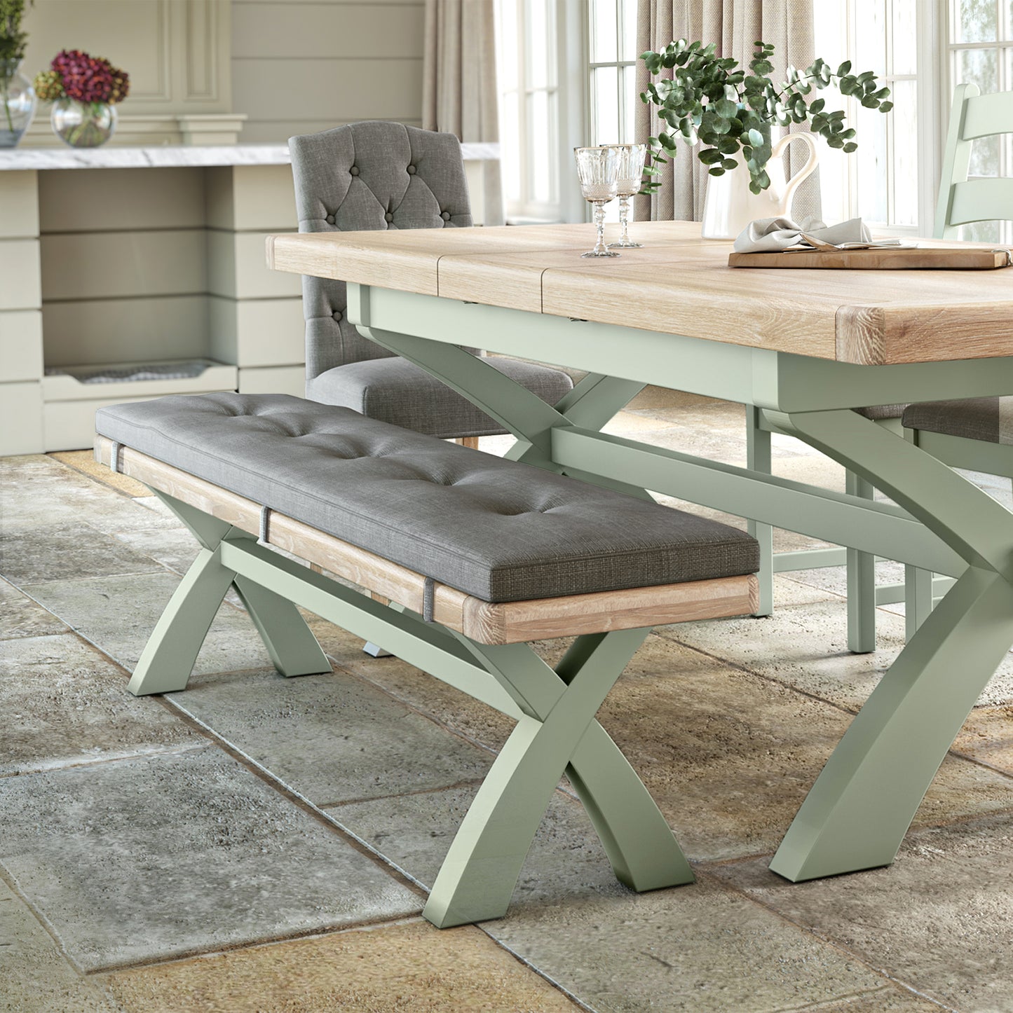 Salcombe Cross Leg Bench - Sage