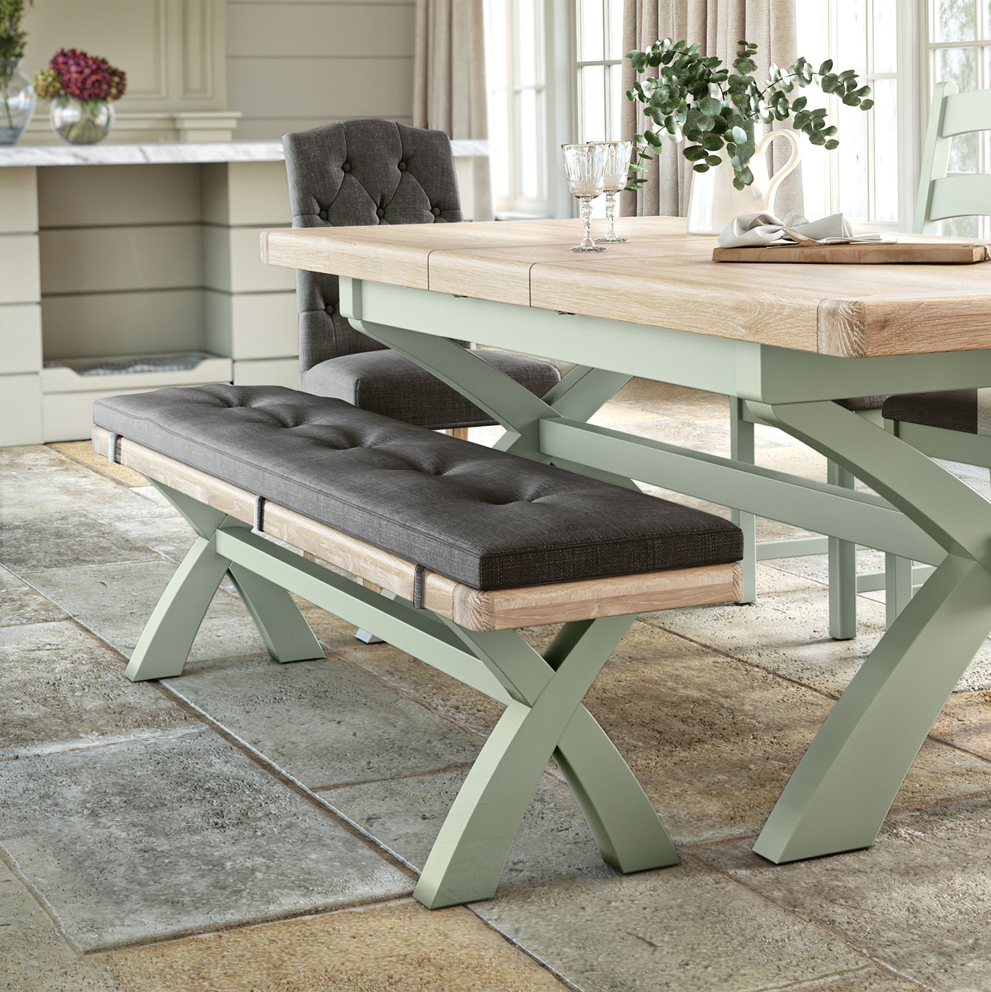 Salcombe Cross Leg Bench - Sage