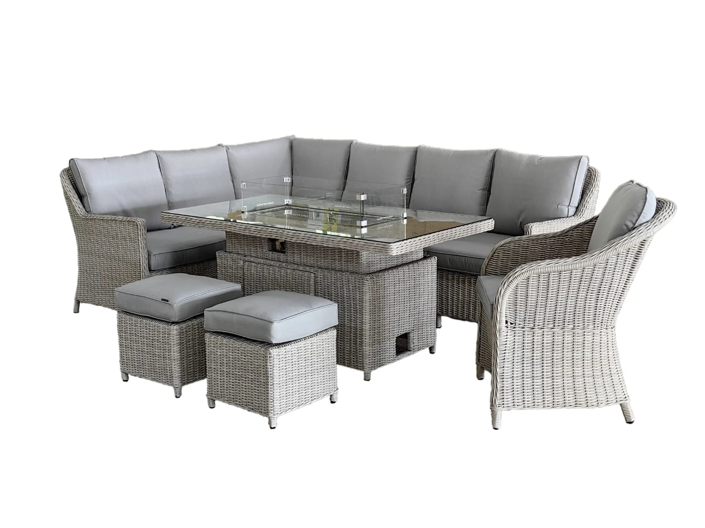 Luxury Rattan Corner Sofa Dining Set with Integrated Gas Fire Pit Table & Stools