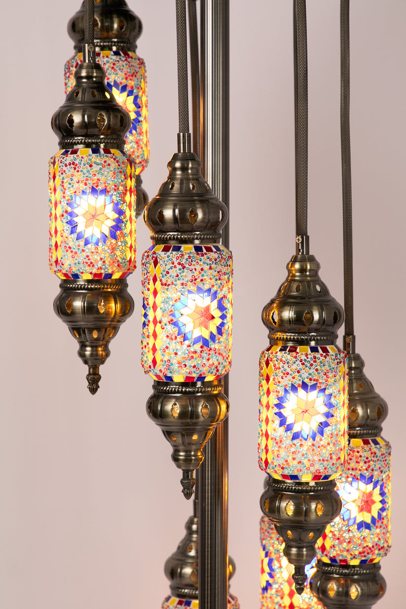 7 Lantern Moroccan Floor Standing Lamp (Red/Gold/Blue)