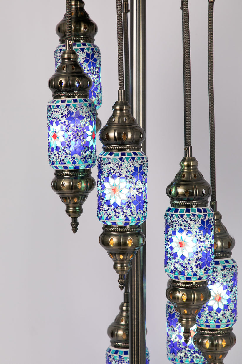 7 Lantern Moroccan Floor Standing Lamp (Blue)