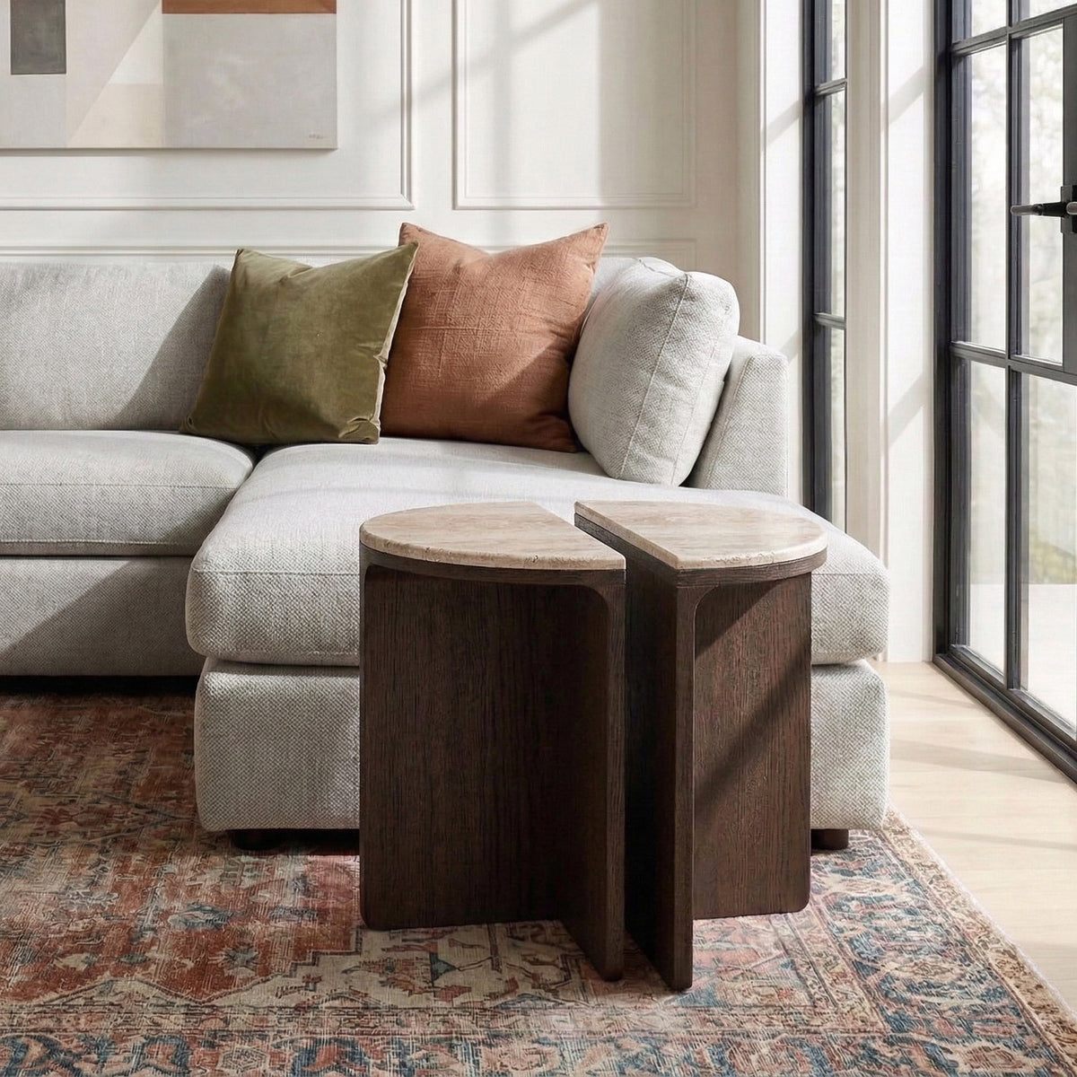California Half Moon Nest of Tables - Travertine Top
