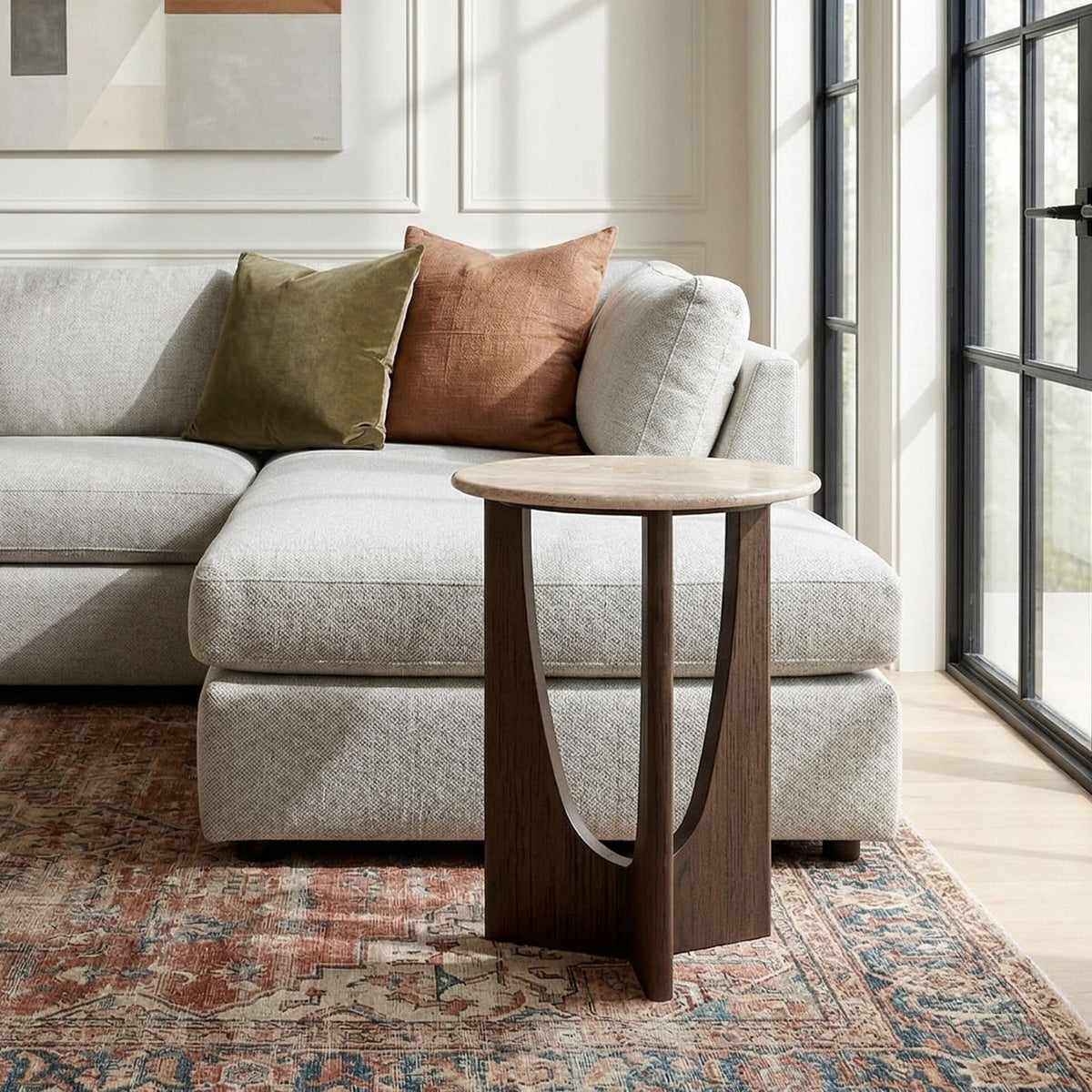 California Round Side Table - Travertine Top